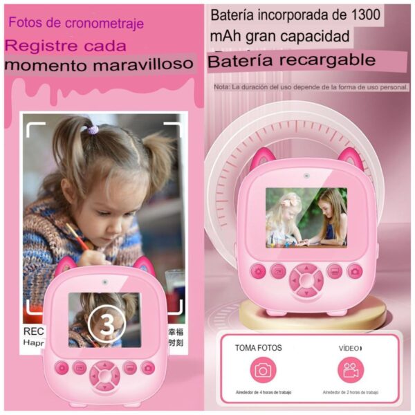 Mini Cámara Impresora Gato Rosa – Fotos Instantáneas