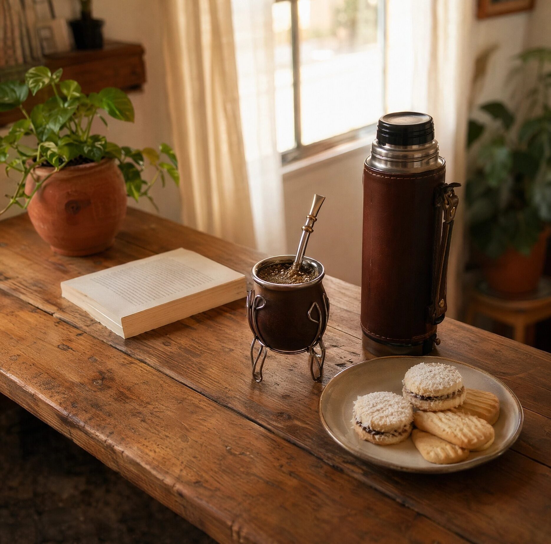 Living argentino con mate y libro